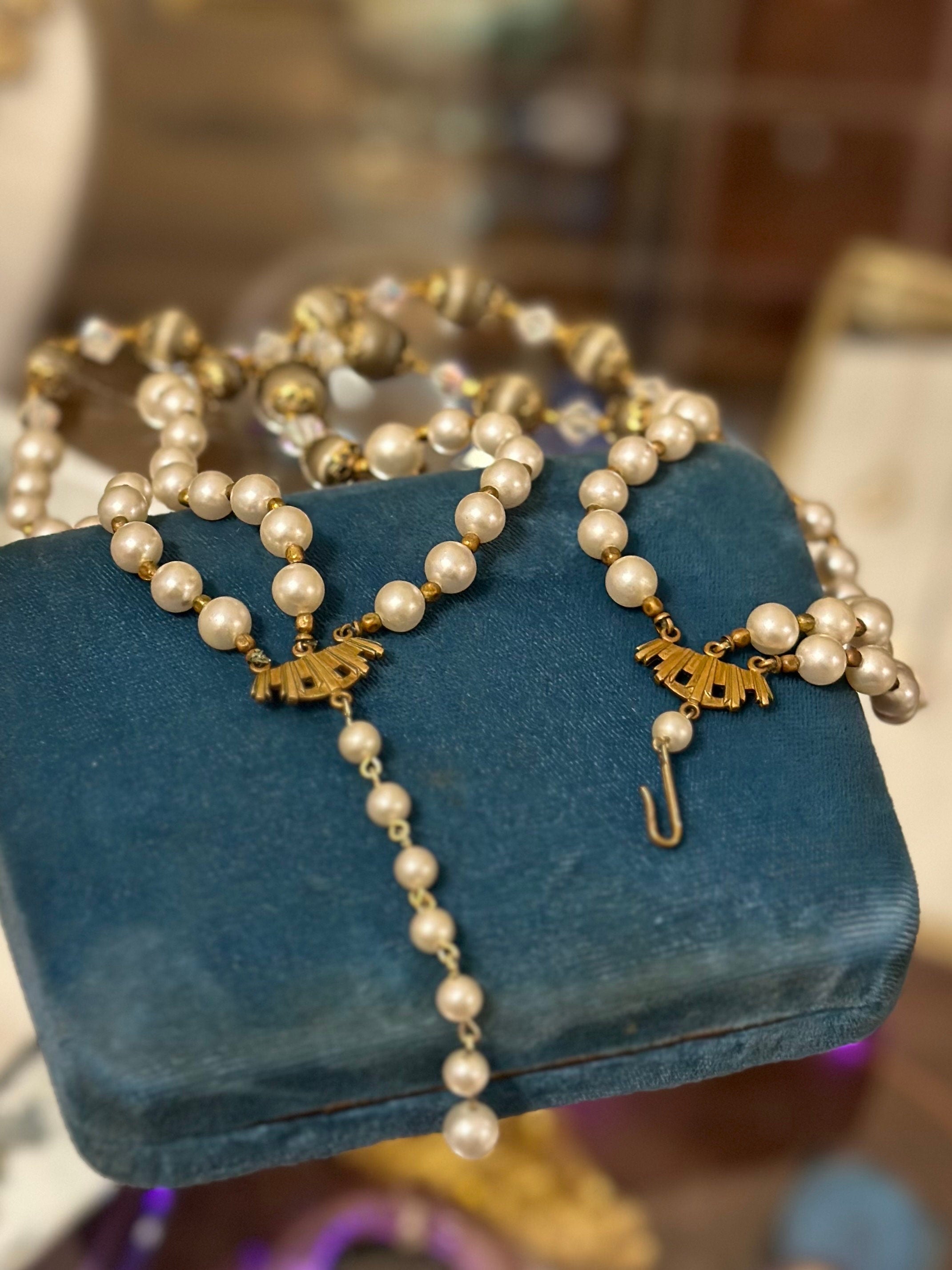 Vintage 1960s Faux Taupe & Cream Pearl and Crystal Beaded Triple Strand Choker Collar Necklace with Matching Clip-On Earrings