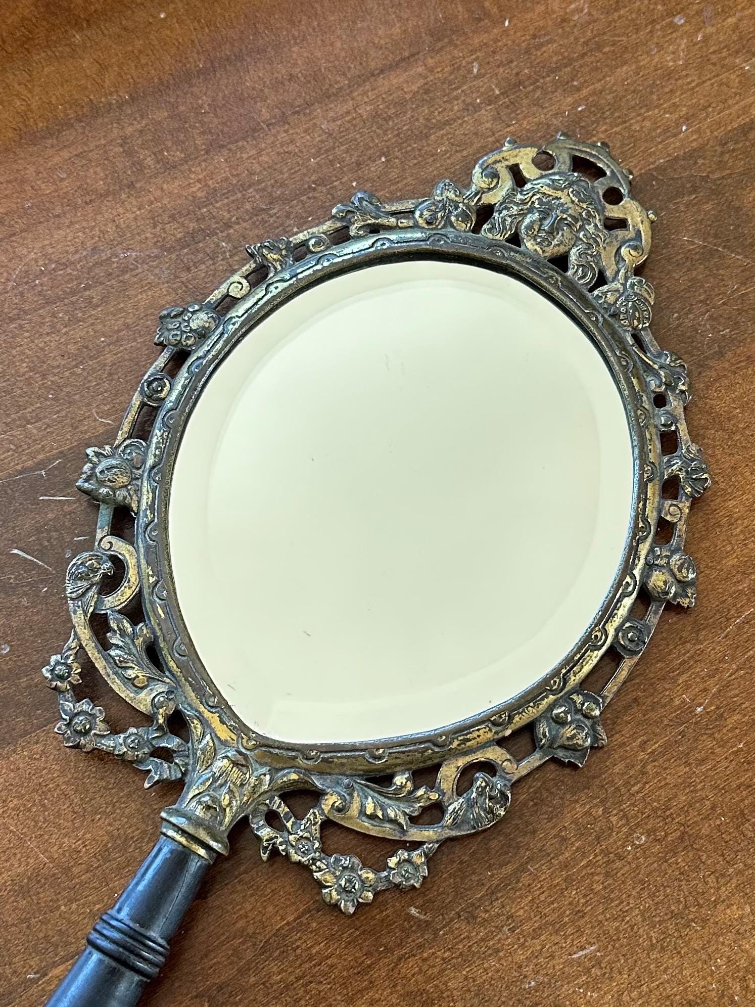 RARE 19th Century Antique Victorian Brass & Black Ebony Wood Beveled Glass Vanity Hand Mirror with Florals, Vines, and Lady Head Art Nouveau
