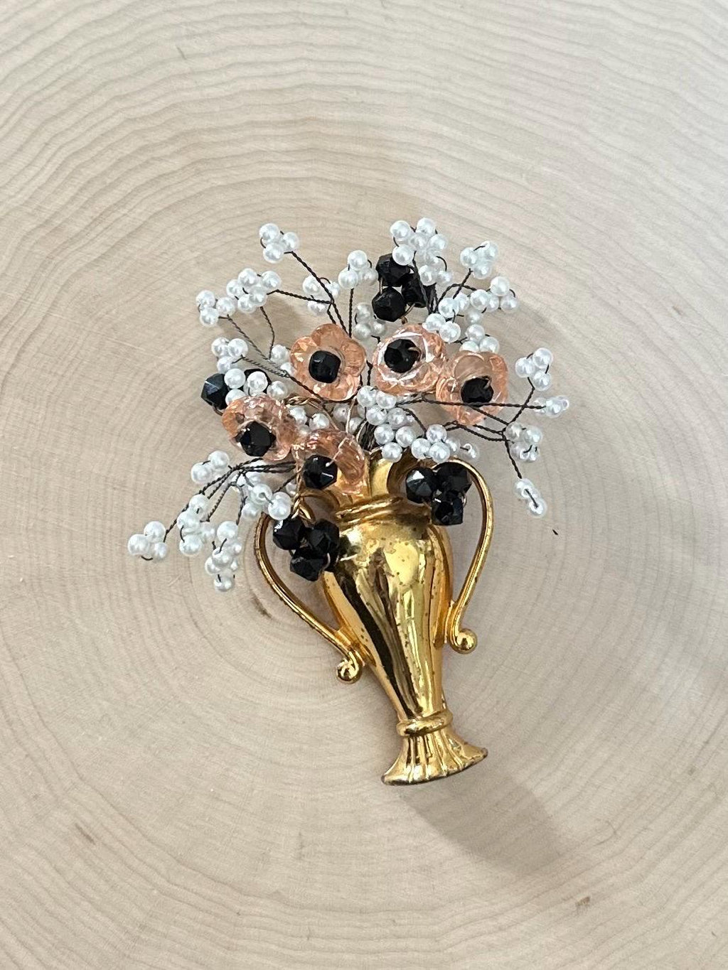 Rare Vintage 1940s 1950s Signed MONET Sterling Silver & Gold Vermeil Urn Brooch Fur Clip with Hand Beaded Wire Wrapped Beaded Flower Bouquet