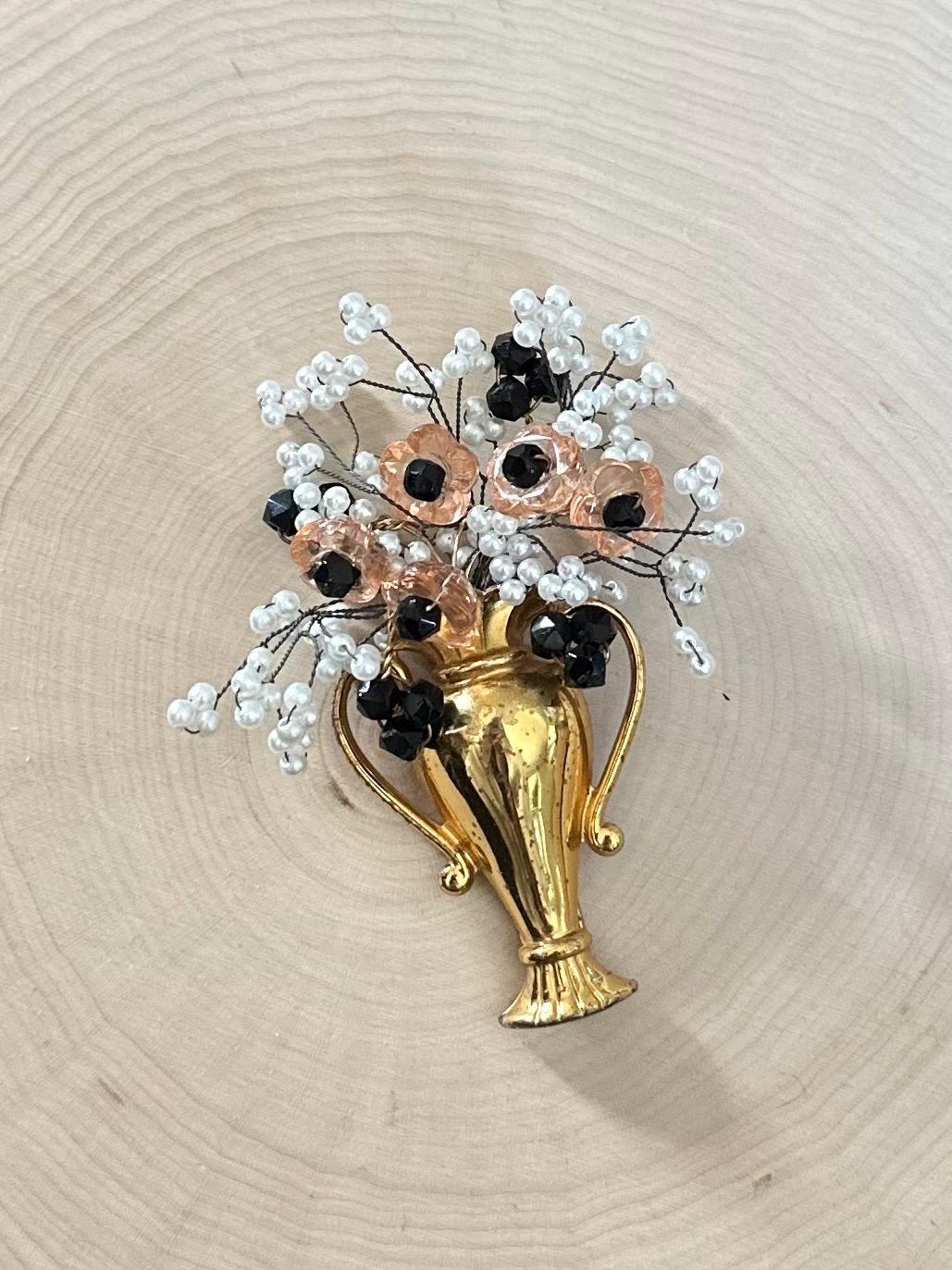 Rare Vintage 1940s 1950s Signed MONET Sterling Silver & Gold Vermeil Urn Brooch Fur Clip with Hand Beaded Wire Wrapped Beaded Flower Bouquet