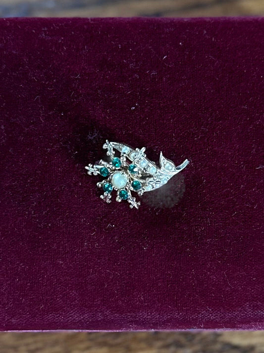 1940s Signed Coro Midcentury Gold Tone Faux Emerald & Pearl Floral Pin Brooch