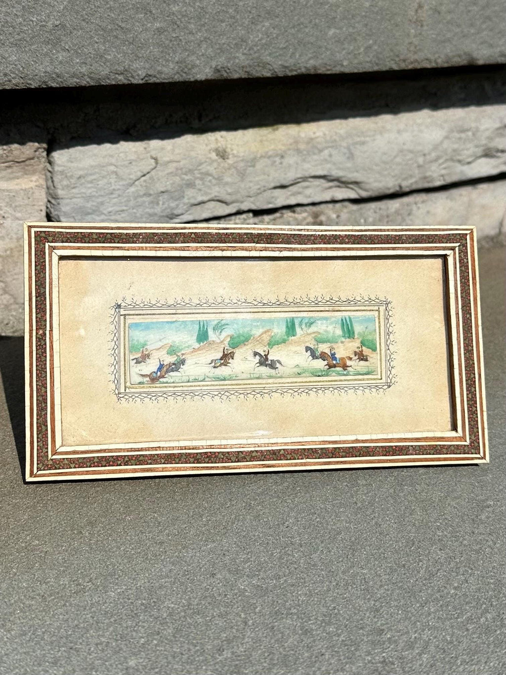 Vintage Circa 1940s Middle Eastern Persian Battle Miniature Painting on Bone in Rectangular Mosaic Inlaid Frame Easel Back