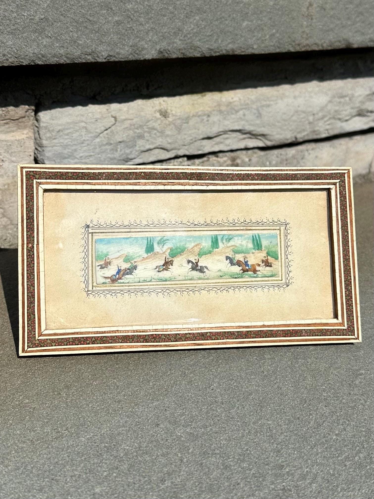 Vintage Circa 1940s Middle Eastern Persian Battle Miniature Painting on Bone in Rectangular Mosaic Inlaid Frame Easel Back
