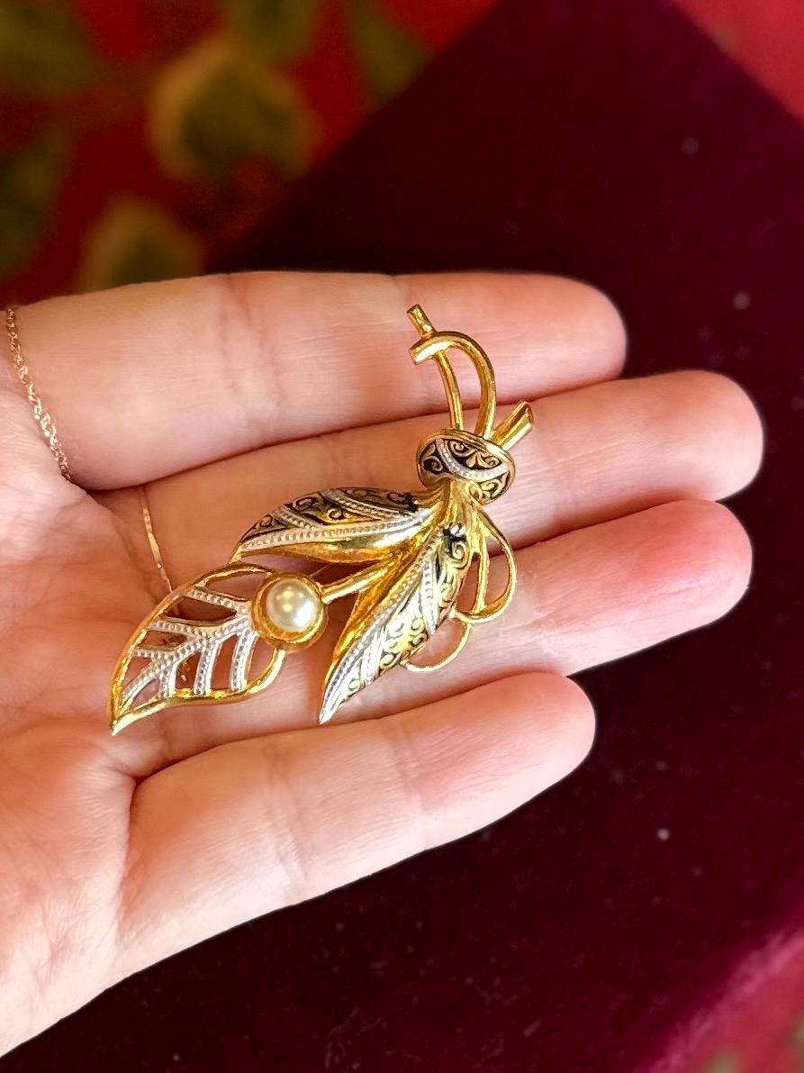 1970s Spanish Damascene Toledo Gold Tone Silver Tone & Black with Faux Pearl Brooch