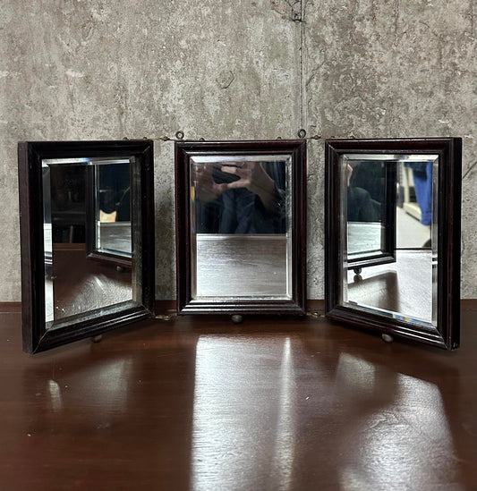 Antique 19th Century Victorian Tabletop Tri-Fold Shaving Mirror Beveled Glass Wood Vanity Mirror