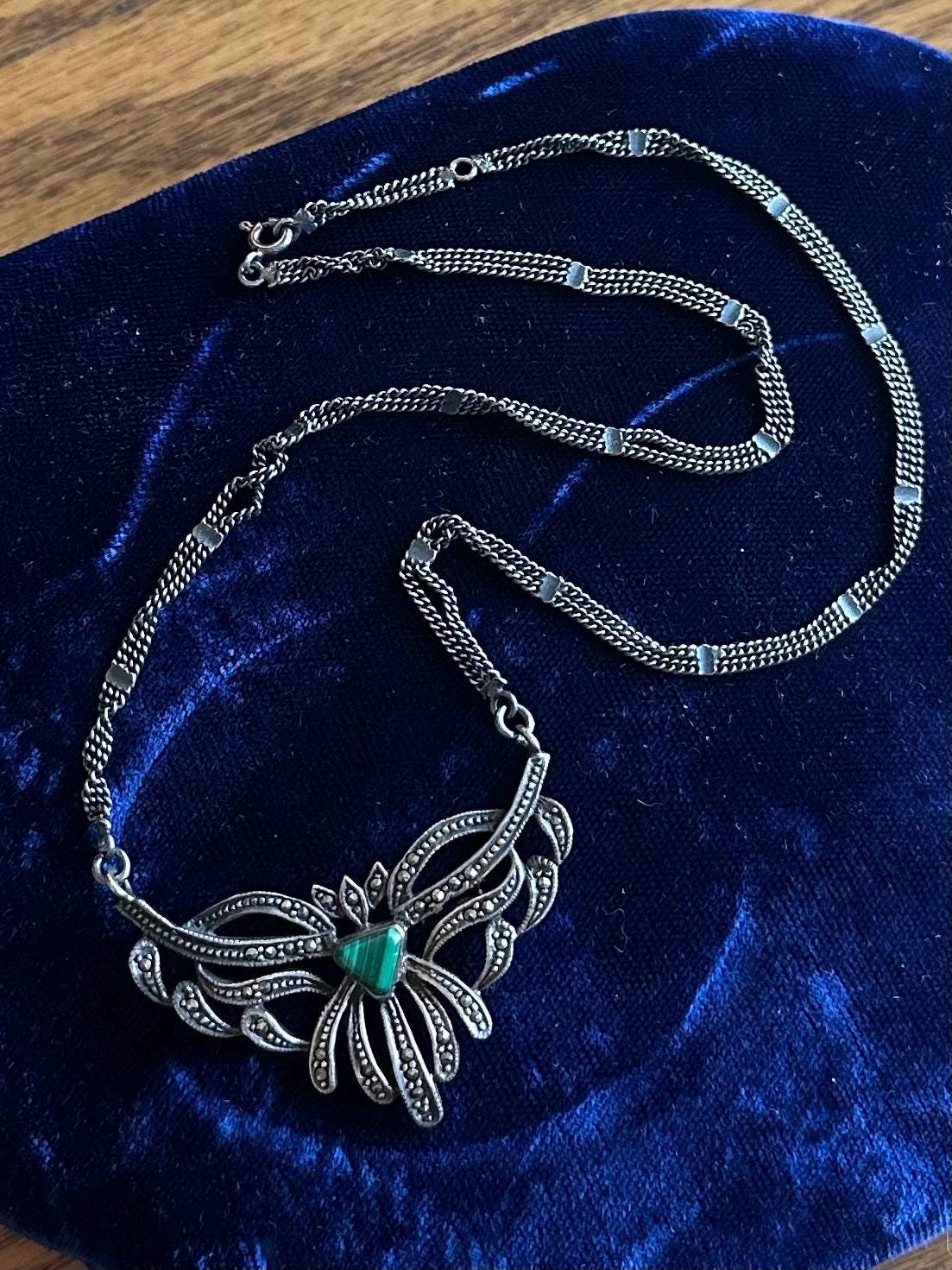 Vintage Art Deco Style Sterling Silver Marcasite & Malachite Pendant Necklace 17”