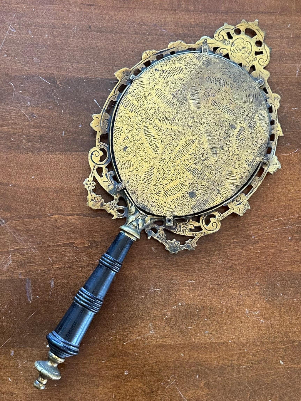 RARE 19th Century Antique Victorian Brass & Black Ebony Wood Beveled Glass Vanity Hand Mirror with Florals, Vines, and Lady Head Art Nouveau