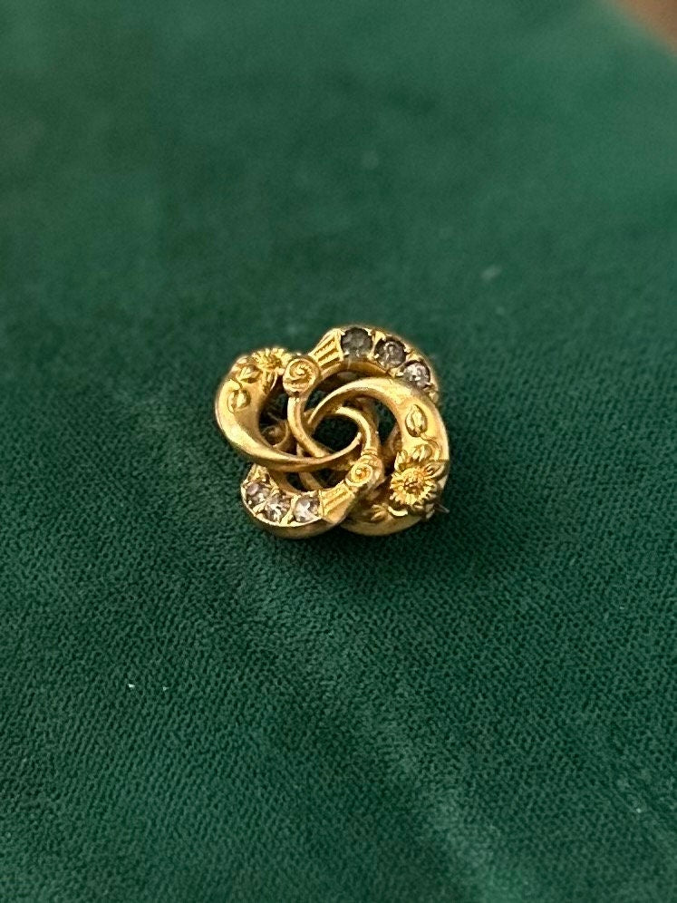 Antique Victorian Gold Tone Rhinestone Floral Love Knot Pin