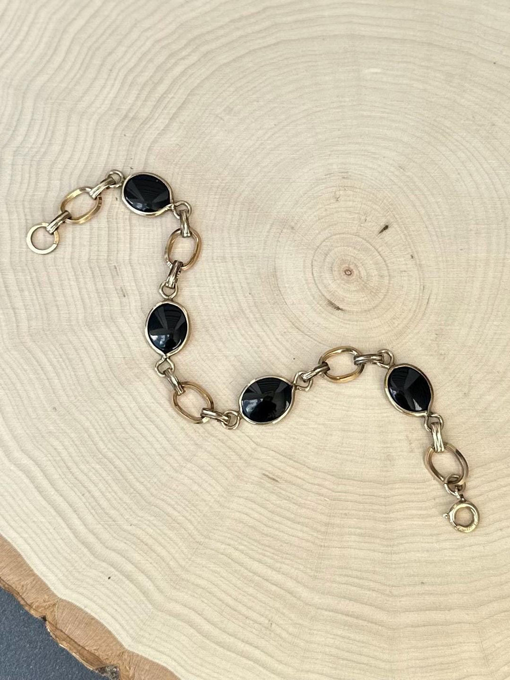 Vintage 1/20 12k GF Gold Filled & Polished Black Onyx Link Bracelet 7.25”